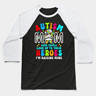 Autism Mom Raising Hero Groovy Messy Bun Autism Awareness Baseball T-Shirt